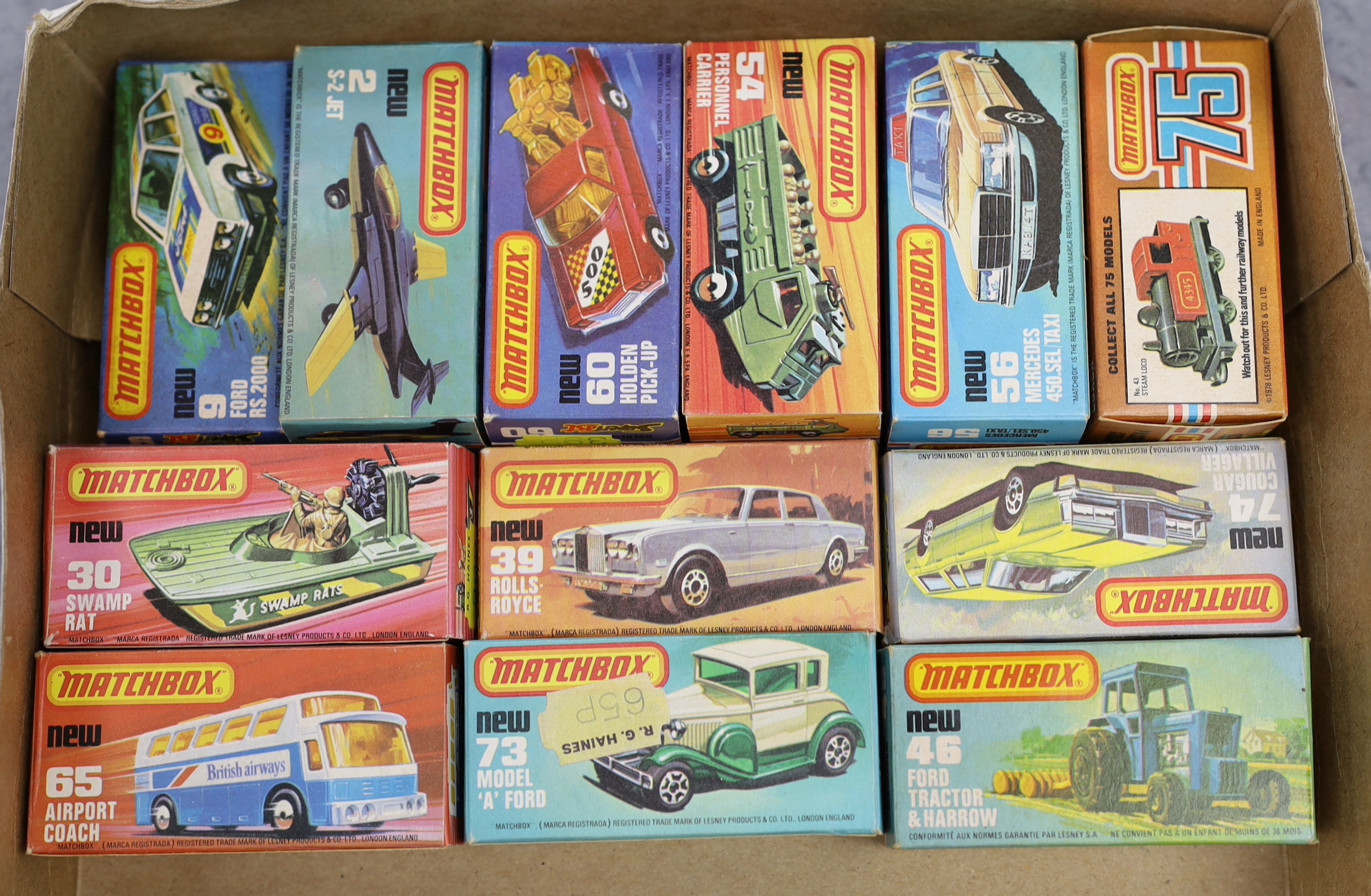 Twelve boxed Matchbox Superfast 1-75 New series diecast vehicles